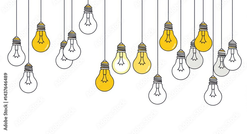 Poster hanging lightbulbs with some illuminated and others unlit on a white background vector graphic art