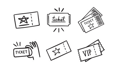  ticket with star and vip ticket doodle hand drawn icon set. Outline drawing ticket with star and vip ticket line clipart symbol collection