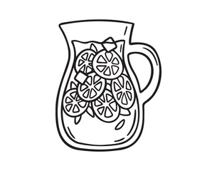 glass jug with lemonade. fresh lemon drink icon doodle hand drawn. Outline lemonade line drawing clipart symbol