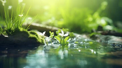 A small pond with green grass and white flowers