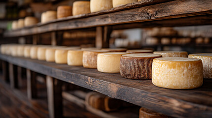Wooden shelves filled with various round cheeses, artisanal cheeses, aged in a traditional cheese cellar.