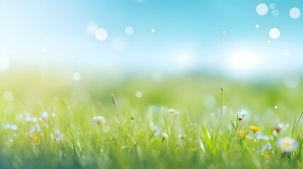 Fototapeta premium A field of grass with a few flowers in it