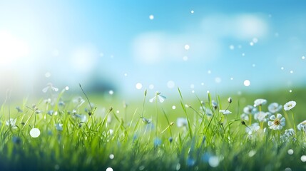 Obraz premium A field of grass with a few flowers in it