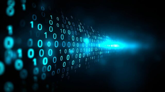 Abstract blue digital stream of binary code flowing in perspective, conceptual data technology background illustration