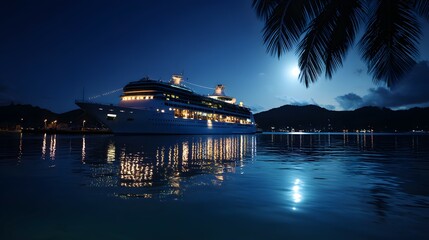 Luxurious cruise ship at night in tropical harbor.