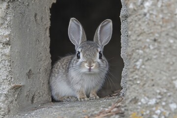 Adorable rabbit peeking from stone burrow, ideal for nature projects, animal lovers, and conservation
