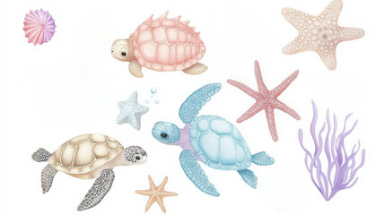Cute and soft pattern illustration of marine animals, turtles, in there environment , isolated on white background