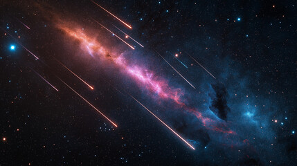Celestial Ballet: A breathtaking cosmic display featuring a vivid nebula, ablaze with vibrant colors and streaking meteoroids, against a backdrop of infinite stars.