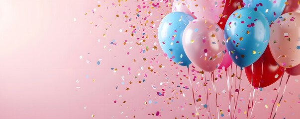 A bunch of balloons with confetti falling around them, creating a festive