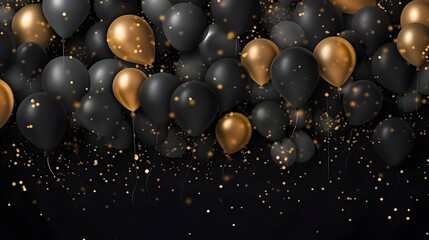 A black and gold balloon display with a lot of gold balloons