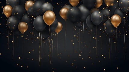 A black and gold balloon display with many balloons and gold glitter