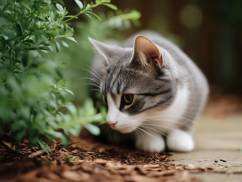 Curious cat exploring garden / 정원을 탐험하는 호기심 많은 고양이