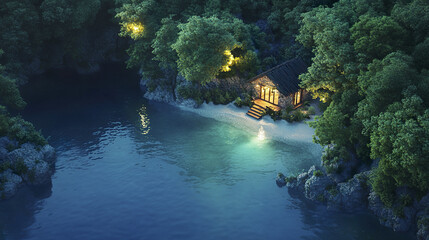 Secluded tropical hideaway above calm lagoon, illuminated by soft lights, creates serene