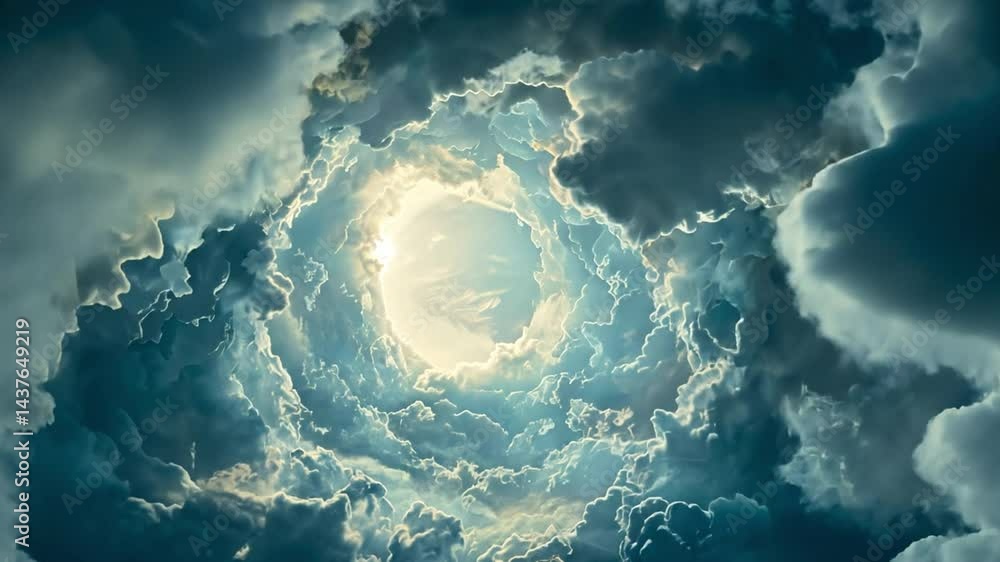 Poster mesmerizing swirling clouds in circular pattern reveal ethereal light, creating serene atmosphere wi