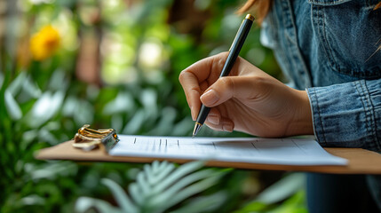 Woman writing on clipboard in garden setting.