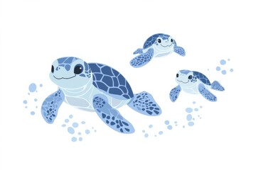 Cute and soft pattern illustration of marine animals, turtles, happily swimming , isolated on white background