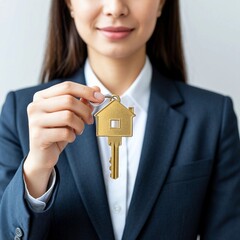 A female entrepreneur demonstrates a real estate key with a house symbol on a keychain, emphasizing the idea of owning a home and investing in the real estate market against a neutral light background