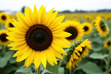 close up of a sunflower in a field of sunflowers