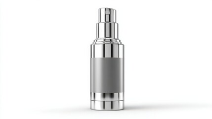 Sleek silver spray bottle with modern design, isolated on white background, ideal for beauty products