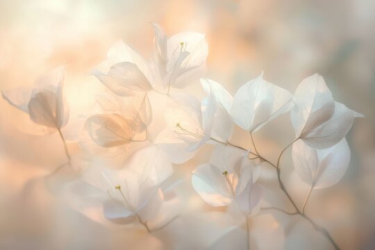 Delicate white flowers in soft sunlight.  A close-up view of blossoming flowers, exhibiting a soft, ethereal quality. The petals are a pale, almost translucent white, 