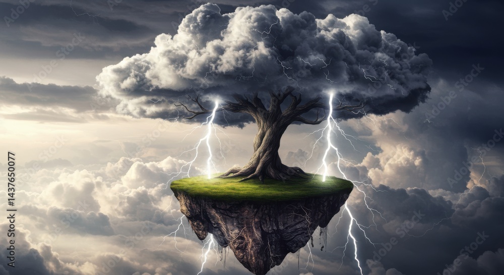 Poster floating island with a tree struck by lightning under a cloudy sky in a surreal landscape