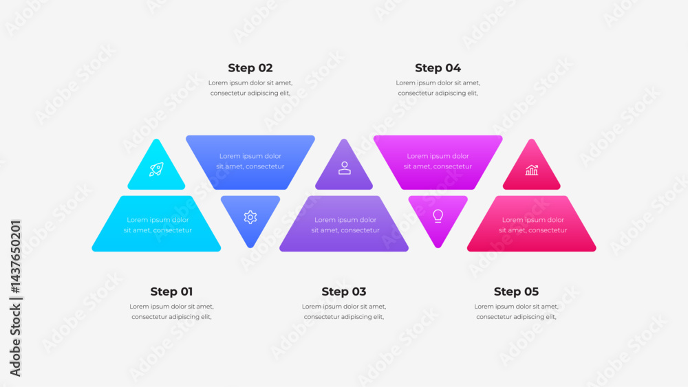 Fototapete Infographic template showcasing a five step process using vibrant gradient triangle shapes with icons. Ideal for business presentations, data visualization and workflow explanation