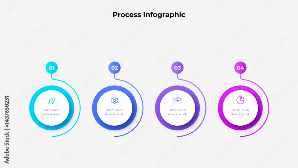 Poster Colorful infographic featuring a four step process design, each step highlighted with gradient circles and relevant icons. Ideal for representing workflows, concepts, or organized structures