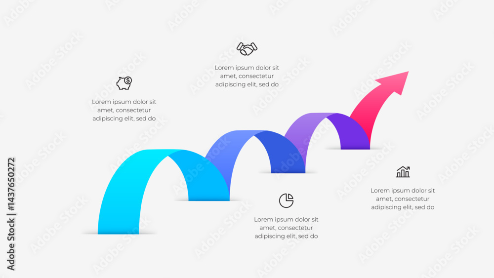 Poster colorful infographic depicting a rising arrow vector overlayed with business related icons represent