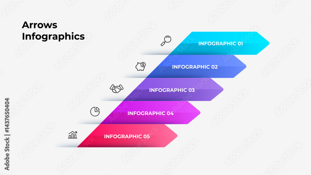 Fototapete Arrow infographic design with gradient- colored layers, labeled sections, and icons emphasizing data flow and organizational hierarchy. Perfect for business presentations and data analysis