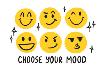 Vintage retro hand drawn crayon smiley face illustration print with slogan choose your mood for graphic t shirt, poster or sticker 