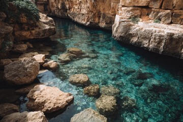 Crystal-clear turquoise water in a rocky canyon
