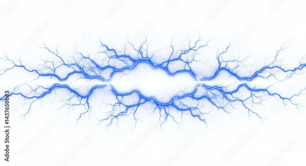 Poster blue electrical discharge with branching arcs on a white background with central empty space