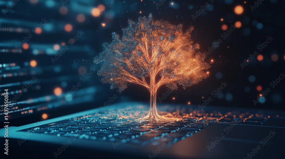 Poster digital tree: a radiant digital tree glows brightly against a backdrop of blurred lines and circuits