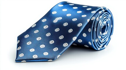 Rolled blue dotted tie, white background, studio shot, fashion