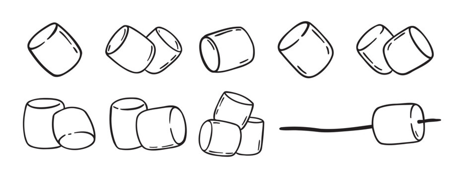 Marshmallows doodle hand drawn icon set. Outline drawing marshmallow line clipart symbol collection