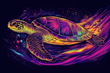 Illustration of marine animals like turtles diving through water, in bright, vibrant , neon colors, on a black background