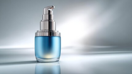 Elegant blue skincare bottle with pump on reflective surface, soft light enhancing its features