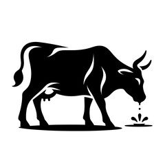 A black and white vector illustration shows an isolated cartoon silhouette of a farm cow and bull, alongside a wild rhinoceros's mammal