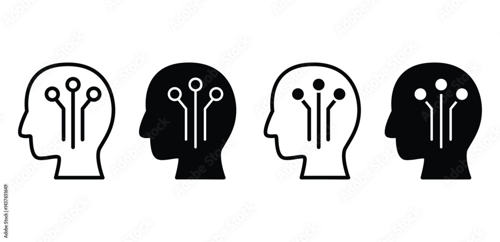 Poster tech brain icons black and white variations of circuitry in mind vector design illustration