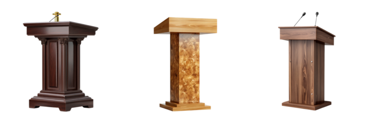Three distinct podiums showcase varied designs and materials, suitable for formal events, public speaking, or educational presentations in diverse settings
