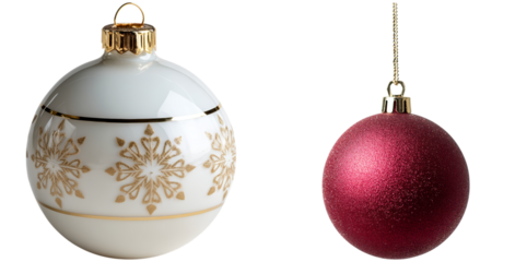 Two elegant Christmas ornaments showcase holiday spirit. One features a white, gold-accented design, while the other is a vivid red sphere with sparkling texture