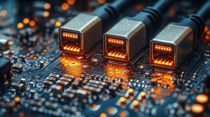 Close-up network cables connected to motherboard with glowing ports