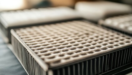 Close-up of several air filters.  Different sizes and types of air filters, likely for HVAC, ventilation, or other purposes.  