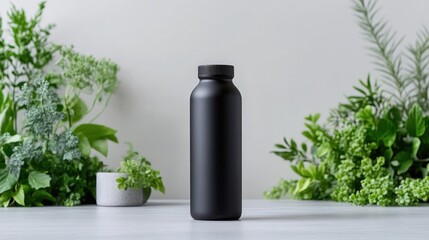 Black Water Bottle Lush Greenery Minimalist Style High-Resolution Studio Lighting Center Shot Matte Finish Hydration Product Green Foliage Neutral Tones Perfect for Branding