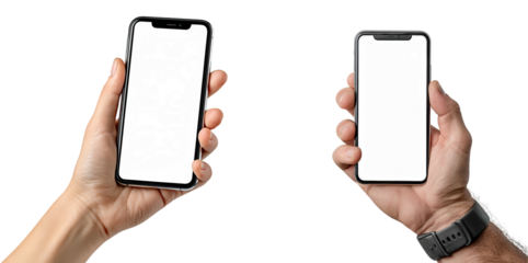 Two hands each holding a smartphone with blank screens, set against a plain white background, showcasing modern mobile device design and functionality