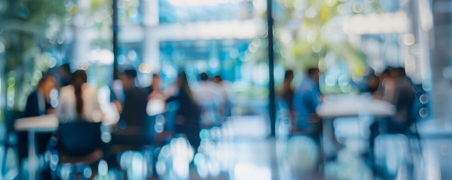 A blurry image of a group of people sitting at tables in a room