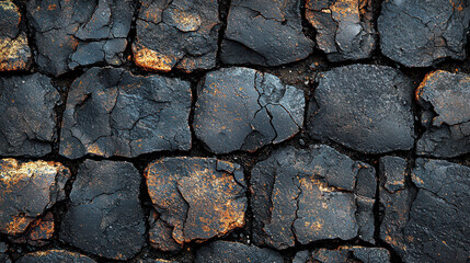 Textured black stone wall with cracks and glimmers natural environment close-up view for design inspiration
