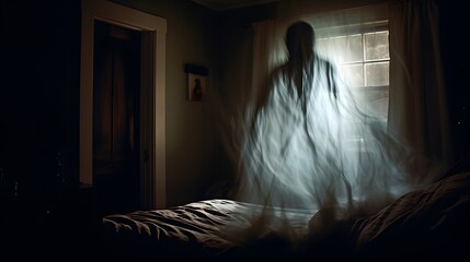 A ghostly figure is seen in a bedroom with a window