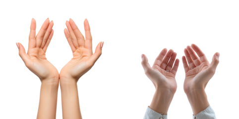 Two sets of open hands display different positions, symbolizing gestures of communication, invitation, and interaction in a neutral setting