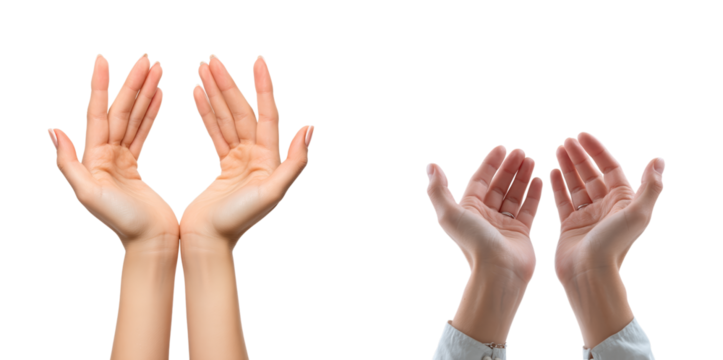 Two sets of open hands display different positions, symbolizing gestures of communication, invitation, and interaction in a neutral setting
